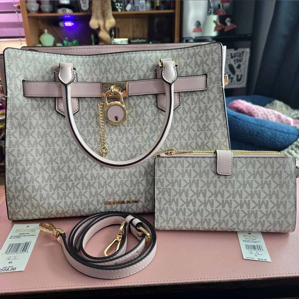 Michael Kors Beige and Pink Hamilton Satchel and Jet Set Travel Wallet Set